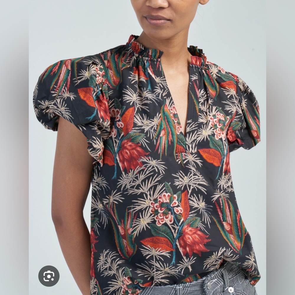Ulla Johnson Klara Floral Puff-Sleeve Split-Neck Top